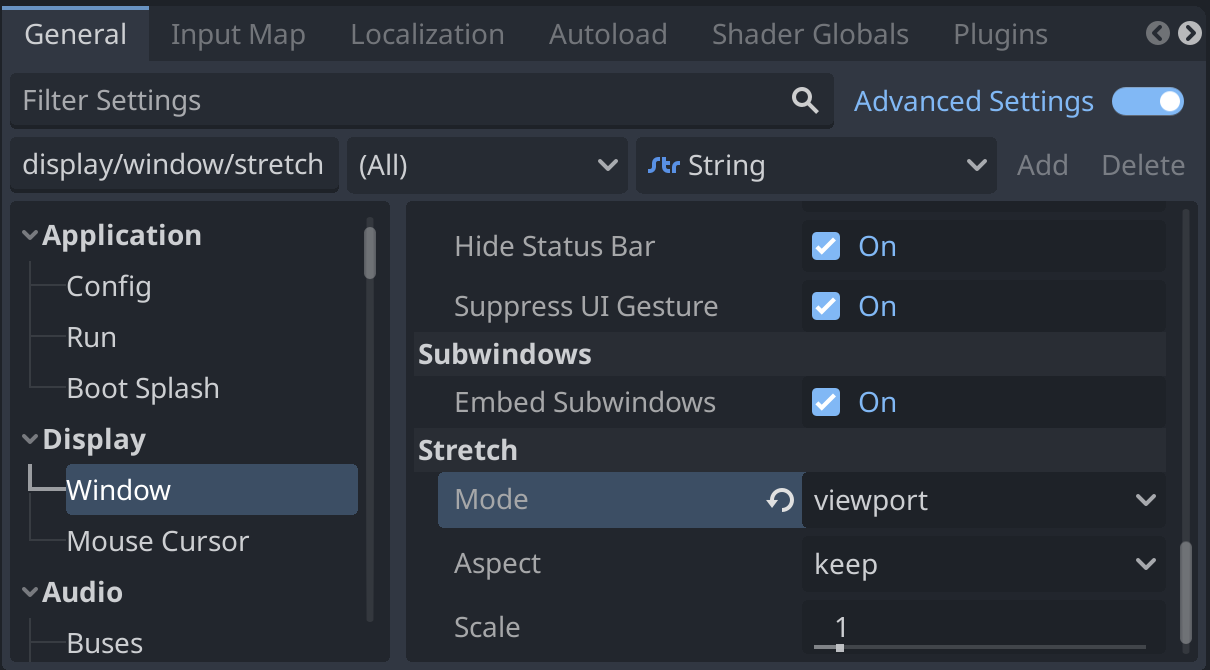 project settings - stretch mode to viewport